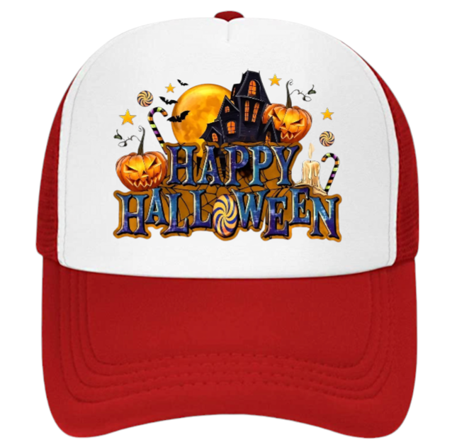 Happy Halloween Hat Adjustable Snapback Trucker Hat Candy House Bats Pumpkins