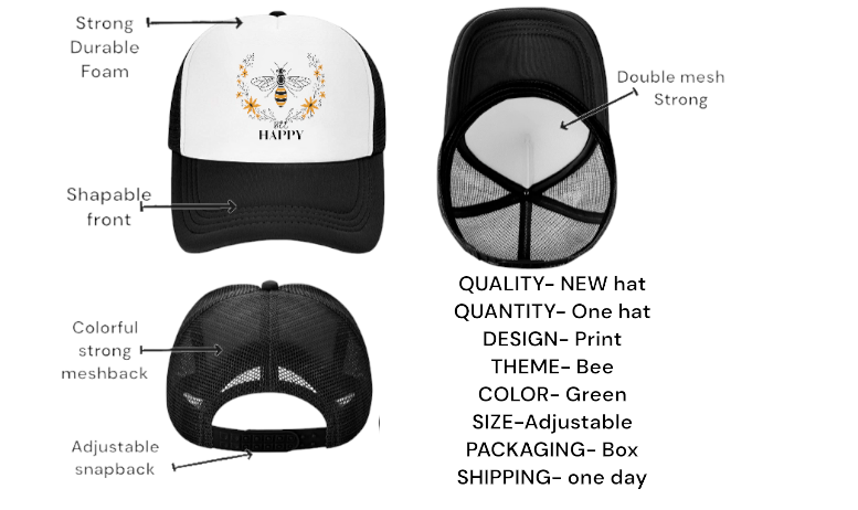 Bee Happy Baseball Hat Trucker Hat Adjustable Snapback BEE Hat