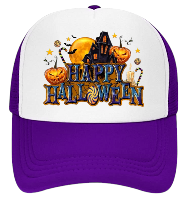 Happy Halloween Hat Adjustable Snapback Trucker Hat Candy House Bats Pumpkins