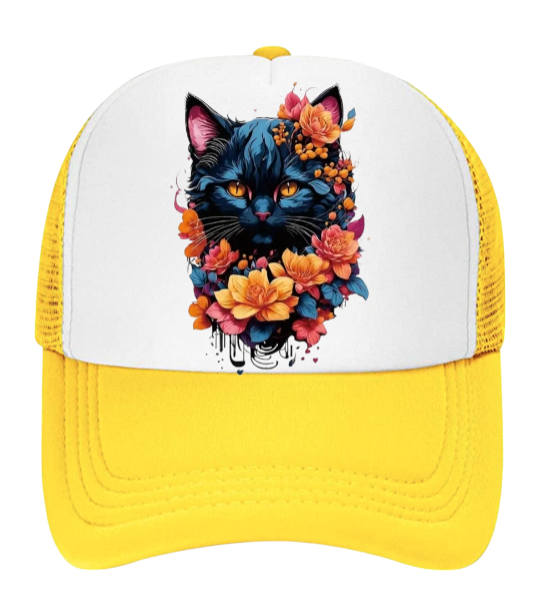 Cat Hat Adjustable Snapback Trucker Hat Floral Black Cat Animal Lovers Gift