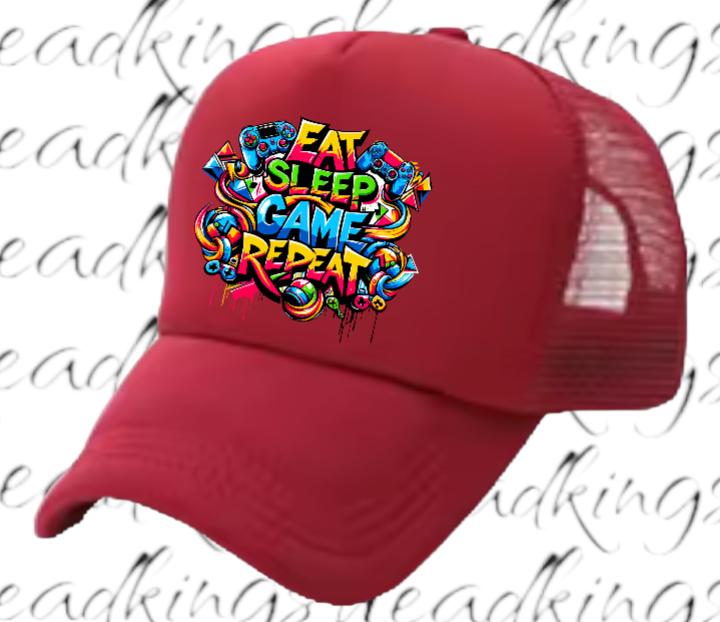 Gamer Hat Adjustable Snapback Trucker Hat Graffiti Words Eat Sleep Game Repeat
