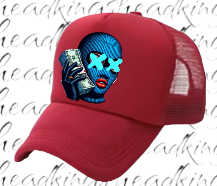 Women Hat Adjustable Snapback Trucker Hat Woman With Blue Mask Holding Dollars