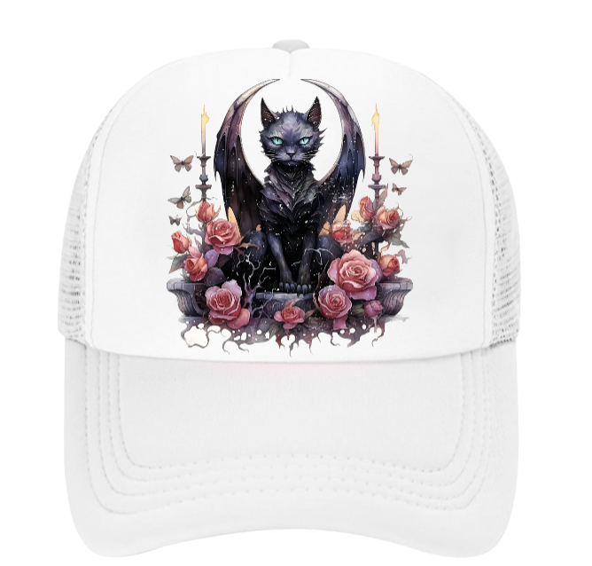 Angel Cat Hat Adjustable Snapback Trucker Hat Cute Black Cat With Wings Floral