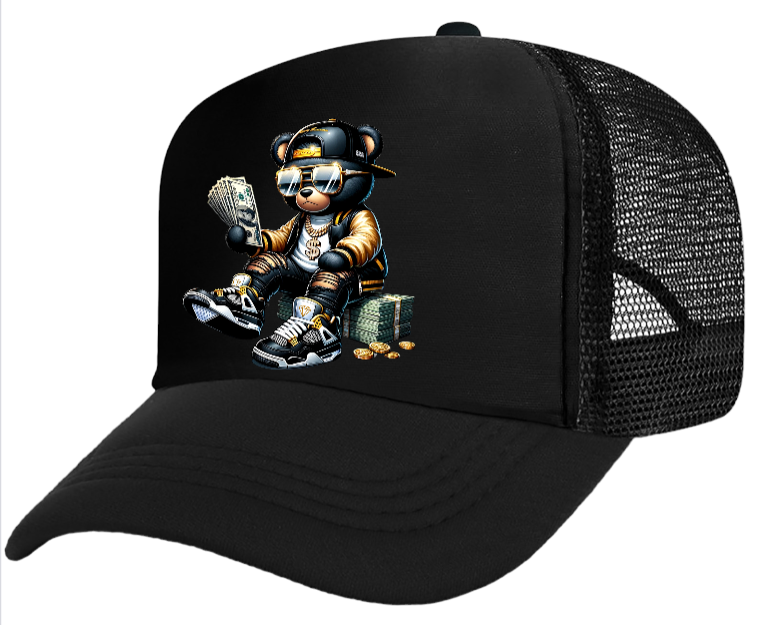 Dollars Hat Adjustable Snapback Trucker Hat Gangster Bear Counting Money Dollars