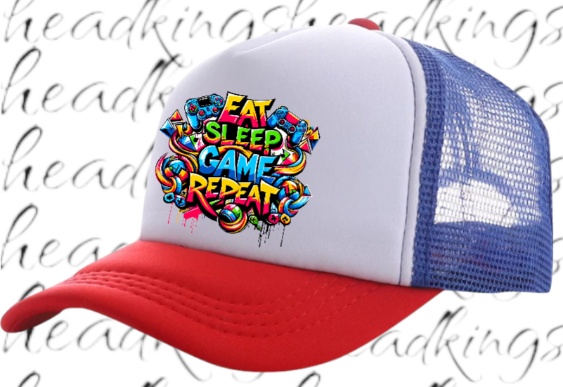 Gamer Hat Adjustable Snapback Trucker Hat Graffiti Words Eat Sleep Game Repeat