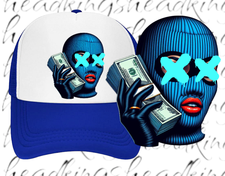 Women Hat Adjustable Snapback Trucker Hat Woman With Blue Mask Holding Dollars