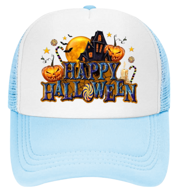 Happy Halloween Hat Adjustable Snapback Trucker Hat Candy House Bats Pumpkins