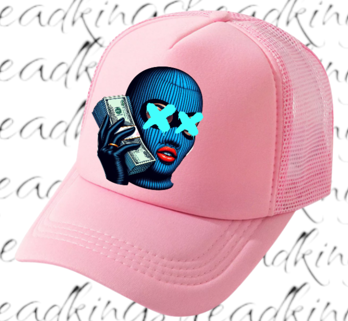 Women Hat Adjustable Snapback Trucker Hat Woman With Blue Mask Holding Dollars