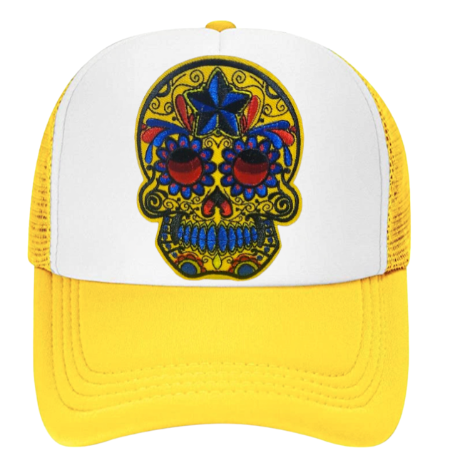 Floral Skull Head Adjustable Snapback Trucker Hat Embroidery Skull Yellow Hat