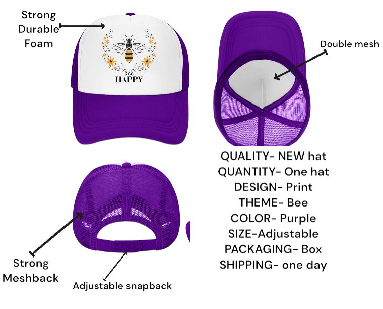 Bee Happy Baseball Hat Trucker Hat Adjustable Snapback BEE Hat