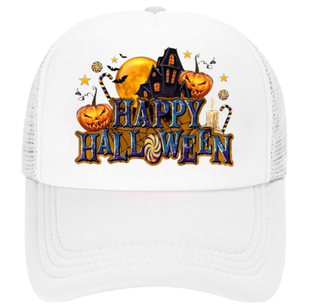 Happy Halloween Hat Adjustable Snapback Trucker Hat Candy House Bats Pumpkins