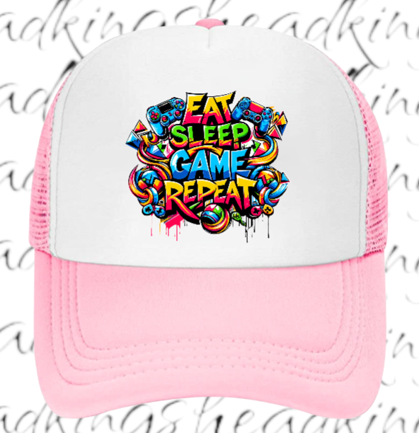 Gamer Hat Adjustable Snapback Trucker Hat Graffiti Words Eat Sleep Game Repeat
