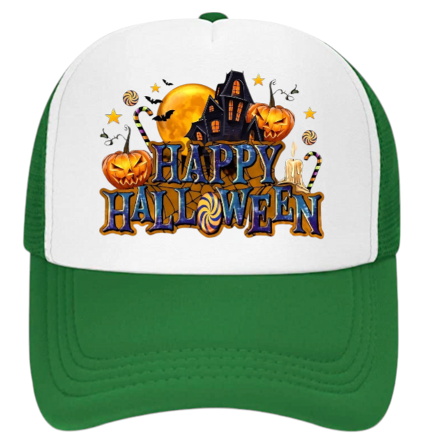 Happy Halloween Hat Adjustable Snapback Trucker Hat Candy House Bats Pumpkins