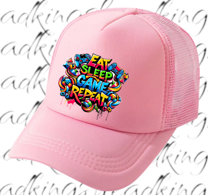 Gamer Hat Adjustable Snapback Trucker Hat Graffiti Words Eat Sleep Game Repeat