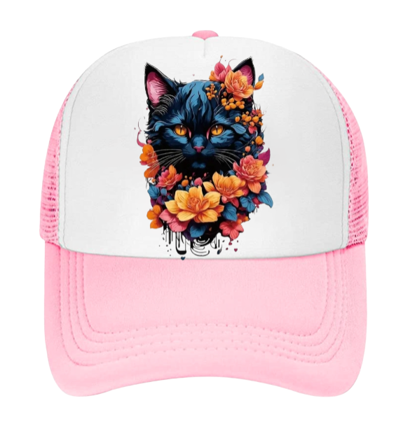 Cat Hat Adjustable Snapback Trucker Hat Floral Black Cat Animal Lovers Gift