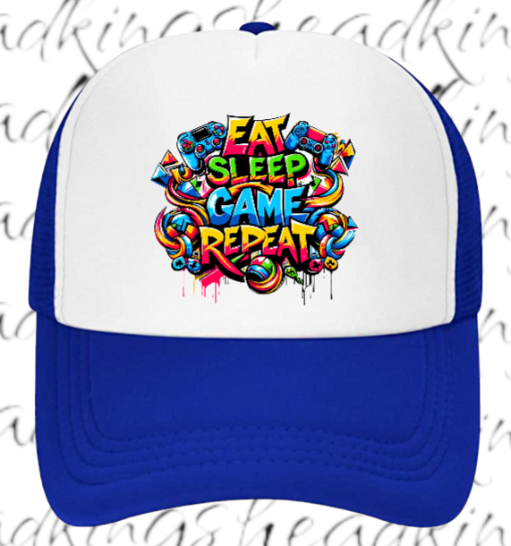 Gamer Hat Adjustable Snapback Trucker Hat Graffiti Words Eat Sleep Game Repeat
