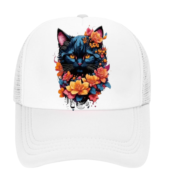 Cat Hat Adjustable Snapback Trucker Hat Floral Black Cat Animal Lovers Gift