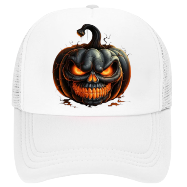 Black Pumpkin Hat Adjustable Snapback Trucker Hat Burning Scary Pumpkin Head