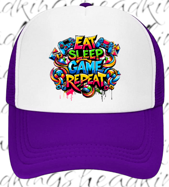 Gamer Hat Adjustable Snapback Trucker Hat Graffiti Words Eat Sleep Game Repeat