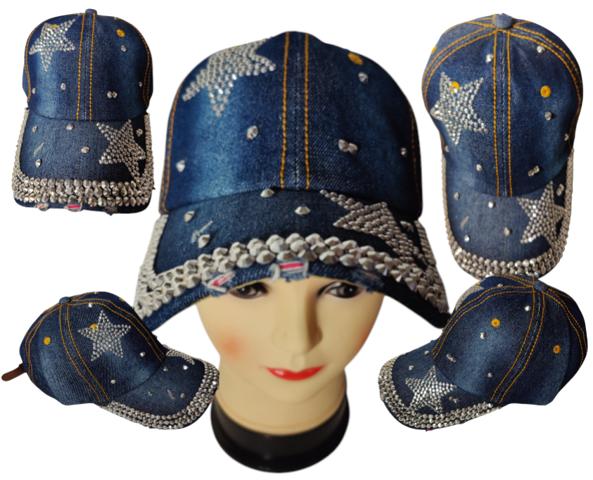 Star Hat Embroidered Adjustable Baseball Hat Crystals Star Denim Jeans Style Hat