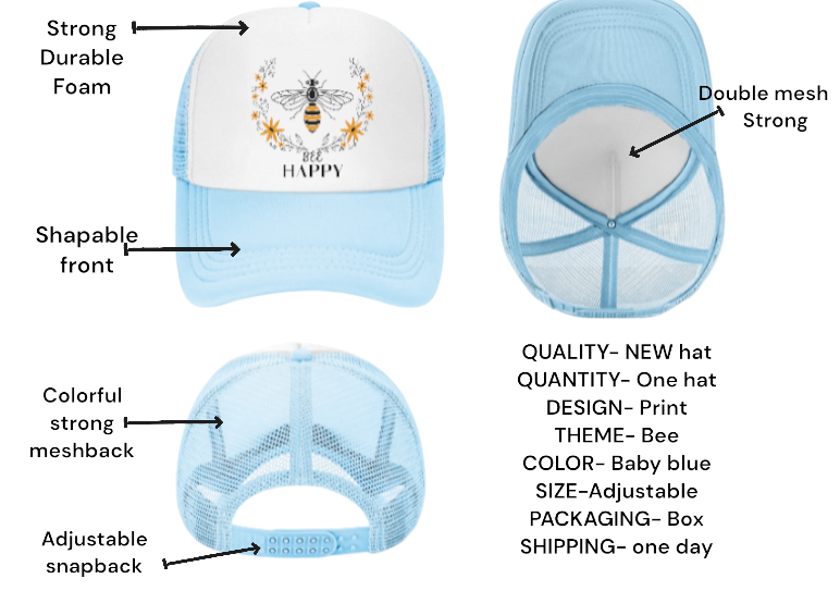 Bee Happy Baseball Hat Trucker Hat Adjustable Snapback BEE Hat