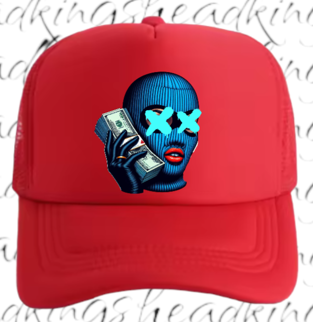 Women Hat Adjustable Snapback Trucker Hat Woman With Blue Mask Holding Dollars