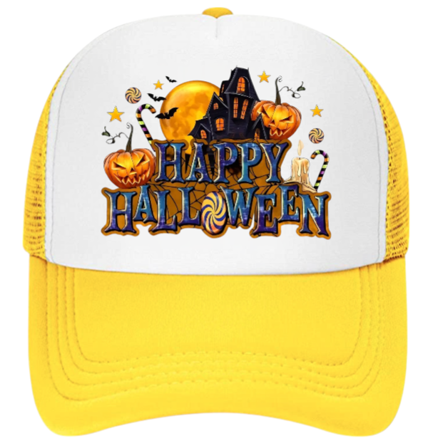 Happy Halloween Hat Adjustable Snapback Trucker Hat Candy House Bats Pumpkins
