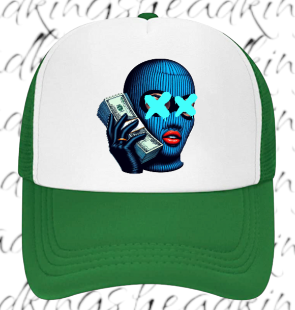 Women Hat Adjustable Snapback Trucker Hat Woman With Blue Mask Holding Dollars