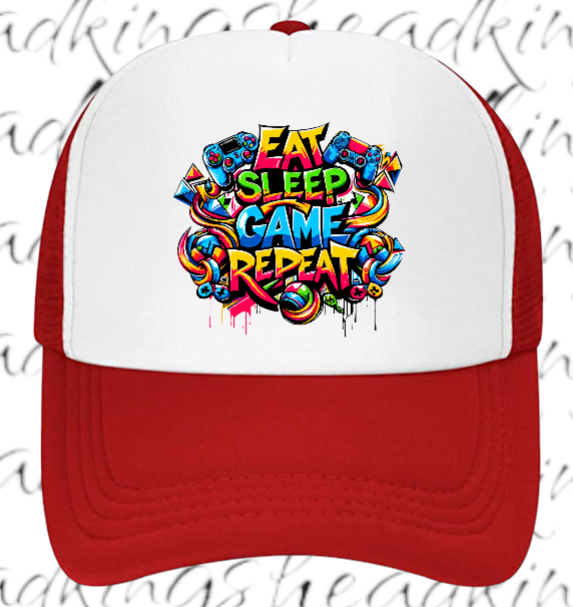 Gamer Hat Adjustable Snapback Trucker Hat Graffiti Words Eat Sleep Game Repeat