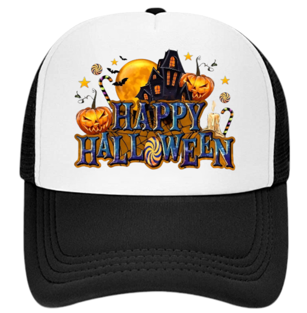 Happy Halloween Hat Adjustable Snapback Trucker Hat Candy House Bats Pumpkins