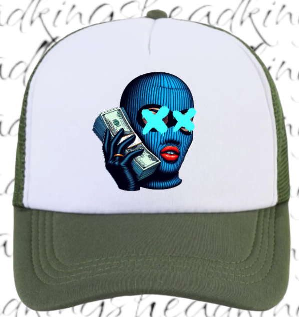 Women Hat Adjustable Snapback Trucker Hat Woman With Blue Mask Holding Dollars