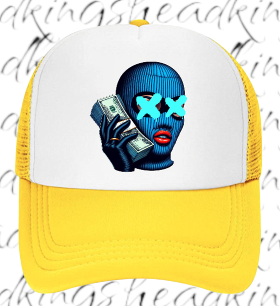 Women Hat Adjustable Snapback Trucker Hat Woman With Blue Mask Holding Dollars
