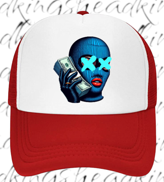 Women Hat Adjustable Snapback Trucker Hat Woman With Blue Mask Holding Dollars