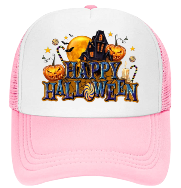 Happy Halloween Hat Adjustable Snapback Trucker Hat Candy House Bats Pumpkins
