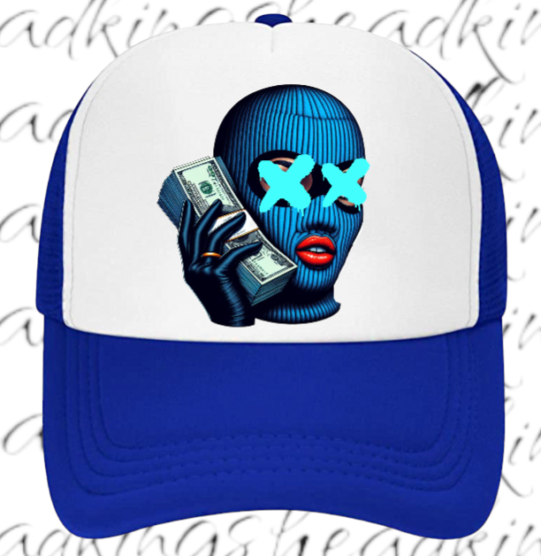 Women Hat Adjustable Snapback Trucker Hat Woman With Blue Mask Holding Dollars