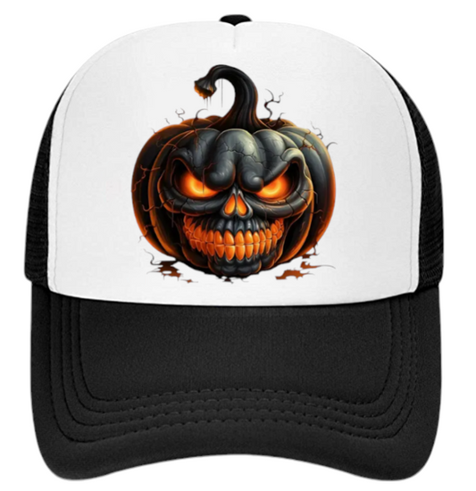 Black Pumpkin Hat Adjustable Snapback Trucker Hat Burning Scary Pumpkin Head