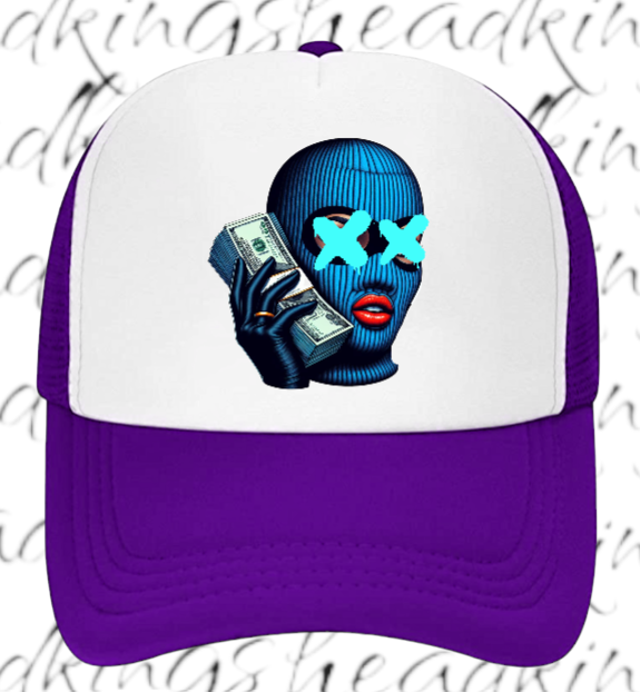 Women Hat Adjustable Snapback Trucker Hat Woman With Blue Mask Holding Dollars