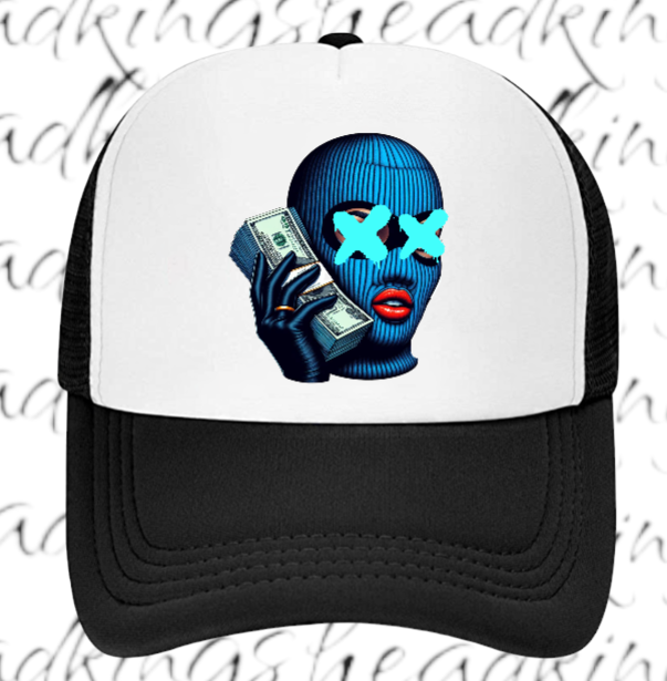 Women Hat Adjustable Snapback Trucker Hat Woman With Blue Mask Holding Dollars