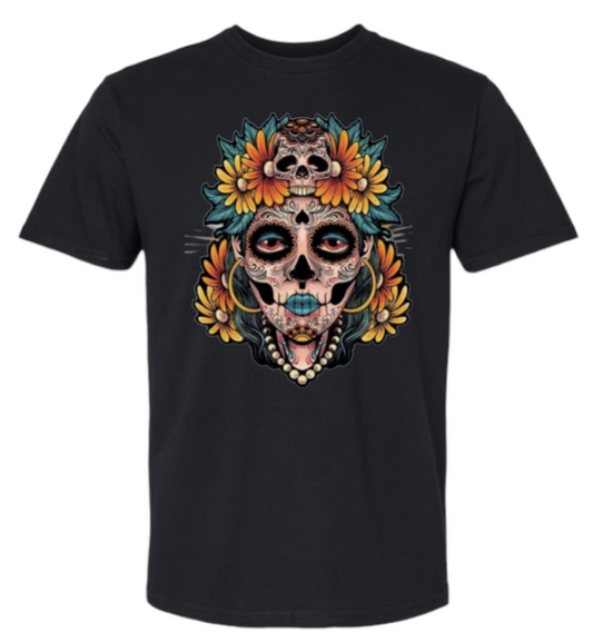 Day Of The Dead Día De Muertos T-shirt 100% Cotton T-shirt Short Sleeve Black.