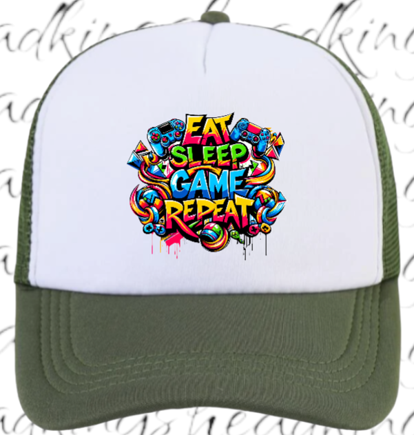 Gamer Hat Adjustable Snapback Trucker Hat Graffiti Words Eat Sleep Game Repeat