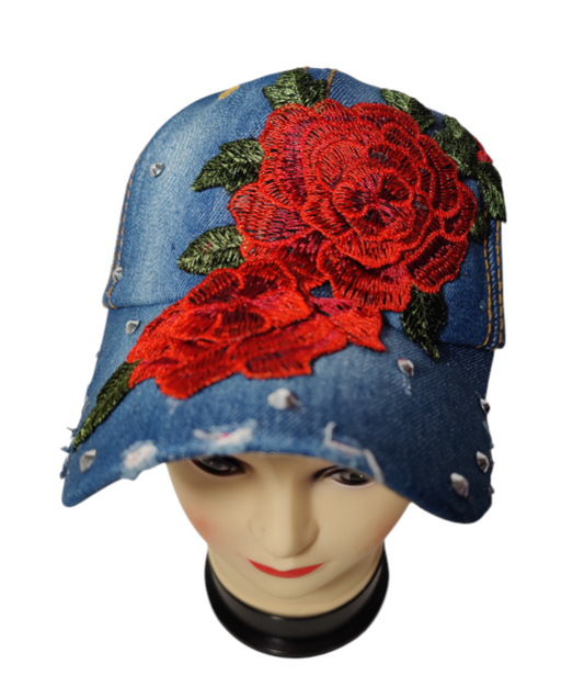 Rose Flower Hat Embroidered Adjustable Baseball Hat Crystals Denim Jeans Style