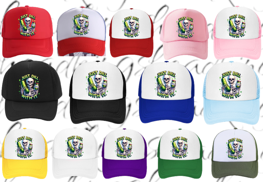 Funny Hat Just Dill With It Adjustable Snapback Trucker Hat Skull Holding Pickle