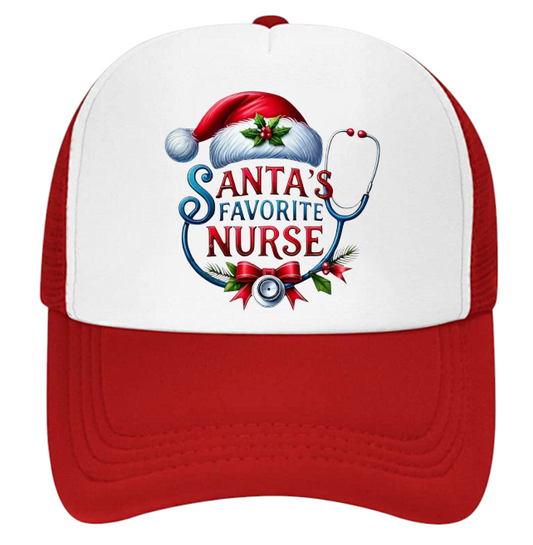 Santa Hat Adjustable Snapback Trucker Hat Santa's Favorite Nurse Christmas Hat