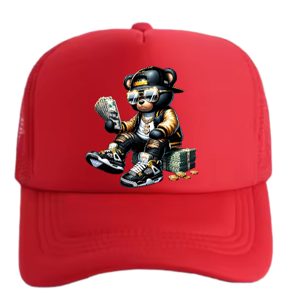 Dollars Hat Adjustable Snapback Trucker Hat Gangster Bear Counting Money Dollars