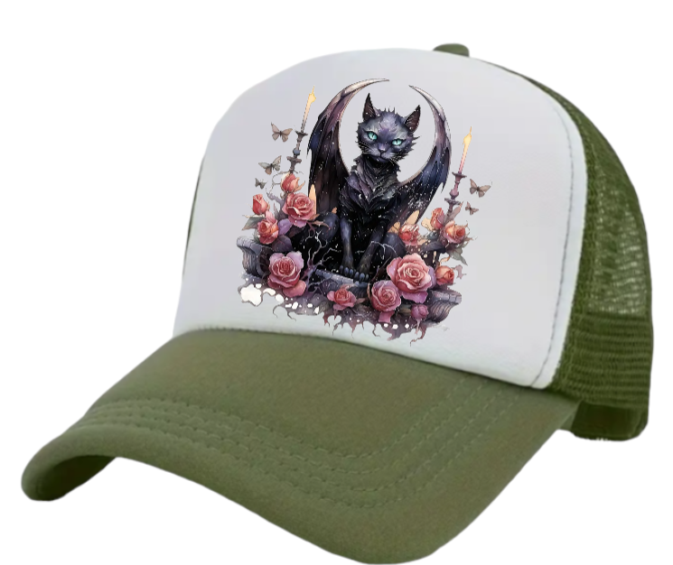 Angel Cat Hat Adjustable Snapback Trucker Hat Cute Black Cat With Wings Floral