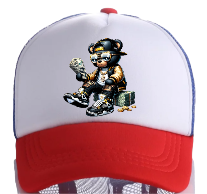 Dollars Hat Adjustable Snapback Trucker Hat Gangster Bear Counting Money Dollars