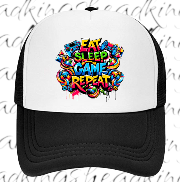 Gamer Hat Adjustable Snapback Trucker Hat Graffiti Words Eat Sleep Game Repeat