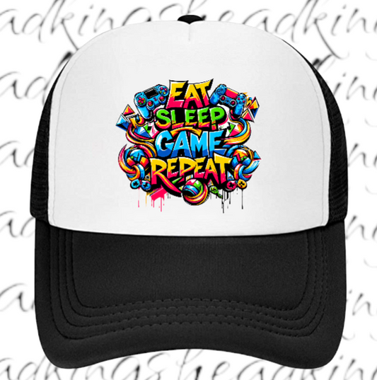 Gamer Hat Adjustable Snapback Trucker Hat Graffiti Words Eat Sleep Game Repeat
