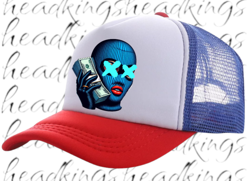 Women Hat Adjustable Snapback Trucker Hat Woman With Blue Mask Holding Dollars
