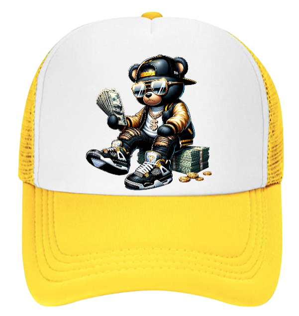 Dollars Hat Adjustable Snapback Trucker Hat Gangster Bear Counting Money Dollars